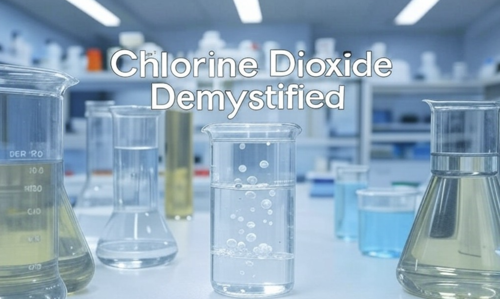 Laboratory beakers filled with chlorine dioxide solution used for water purification, with text "Chlorine Dioxide Demystified" over the image