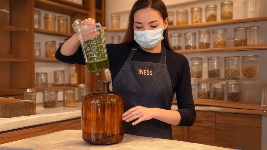Woman pouring green herbal extract into amber glass jar at apothecary