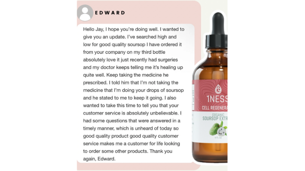 Customer testimonial about 1NESS Soursop Extract healing support after surgery