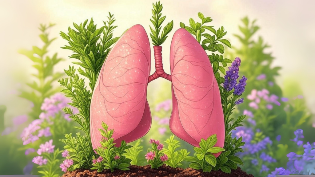 Artistic lungs surrounded by healing herbs and flowers for natural respiratory support