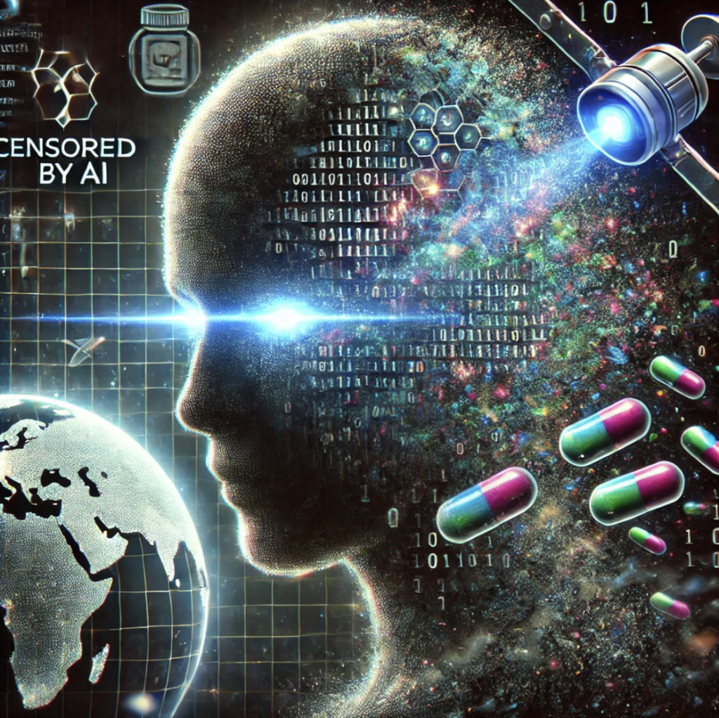 Futuristic AI scanning human brain with pills and surveillance elements