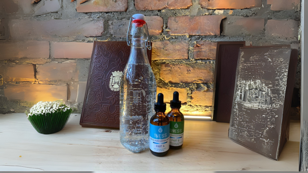 Chlorine dioxide drops with purified water bottle for safe water treatment at home