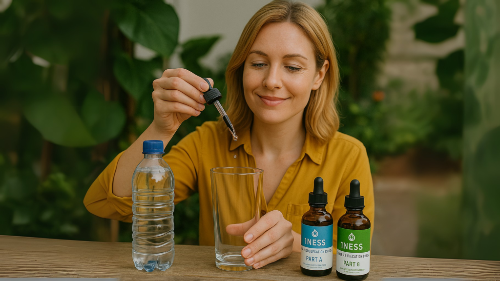 Woman using 1NESS chlorine dioxide drops to purify drinking water with Part A and B bottles