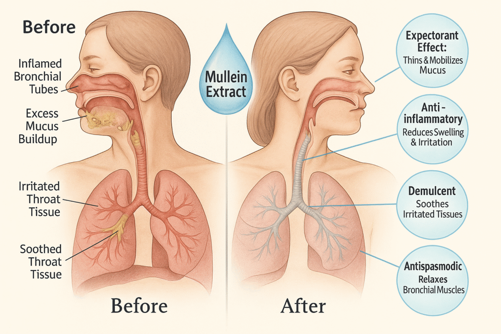 Diagram showing lung inflammation before and after using mullein extract for respiratory relief