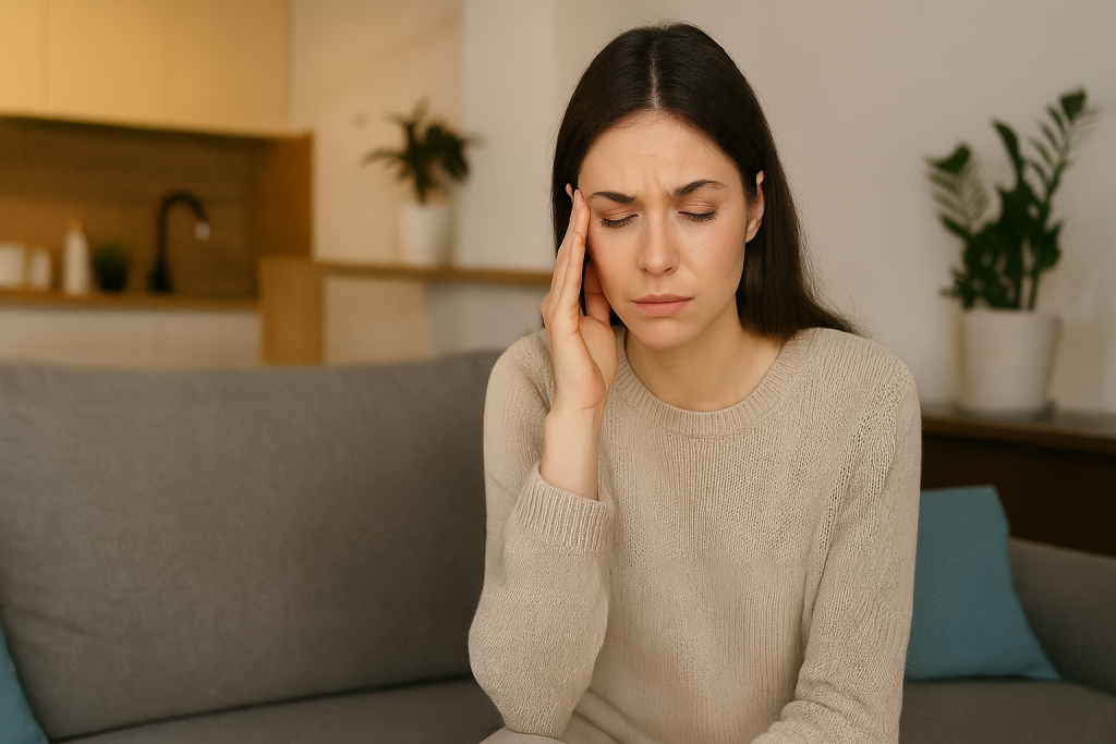 A concerned woman sits on a couch in a softly lit living room, touching her temple as if experiencing discomfort or fatigue.