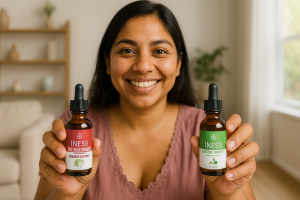 A smiling woman holds two amber glass bottles labeled 1NESS—one red-labeled Soursop Extract and one green-labeled HCl Digestive Support—in a bright, modern living room with natural light.