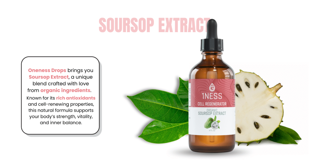 Soursop extract tincture bottle with soursop fruit and leaves – natural antioxidant and detox support