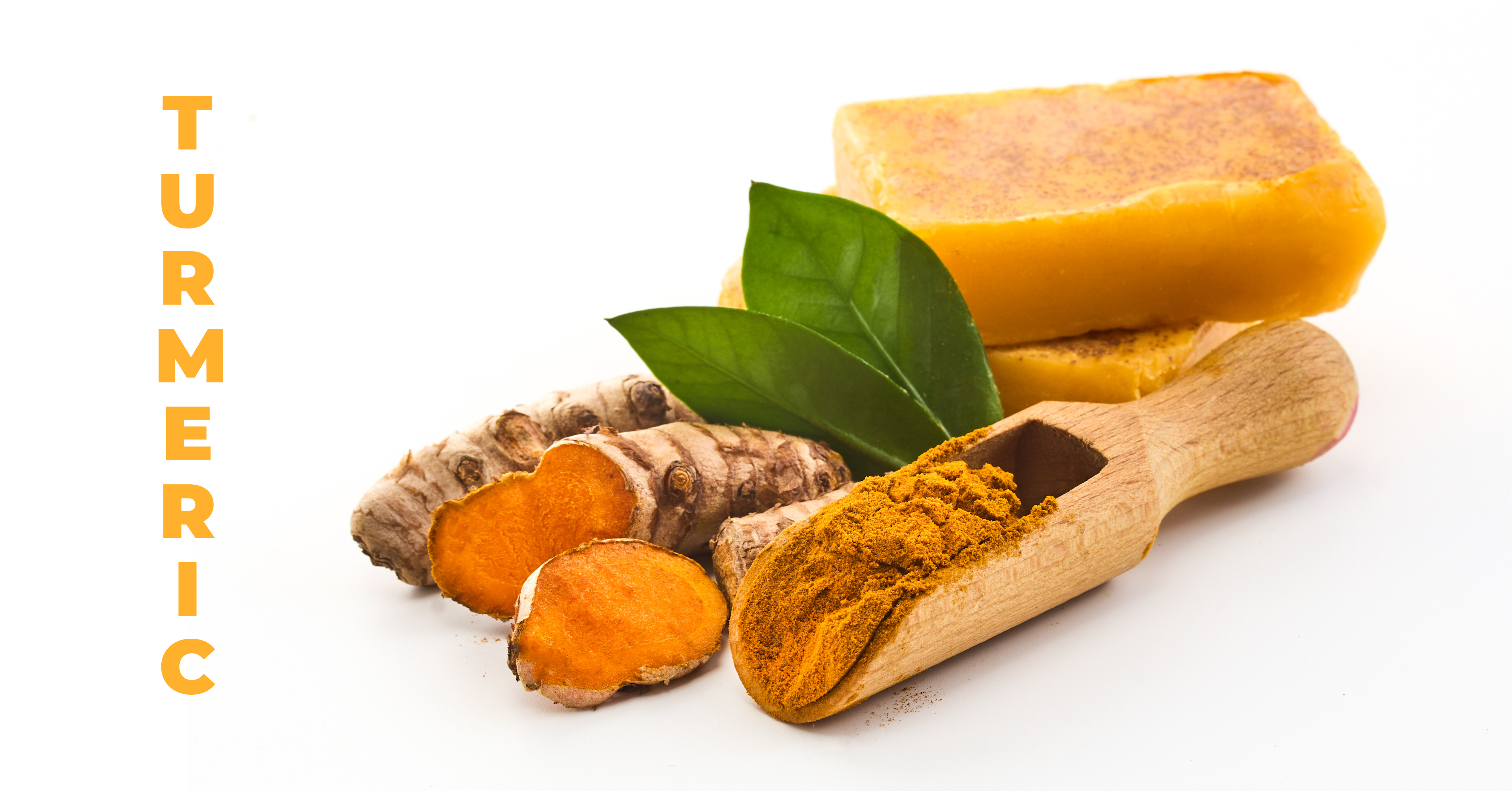Fresh turmeric root, turmeric powder in wooden scoop, and turmeric blocks – natural anti-inflammatory and antioxidant herb