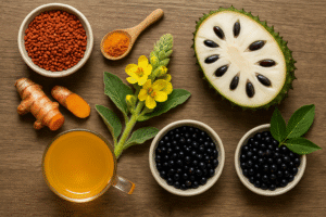 Annatto extract seeds, mullein flower, soursop fruit, turmeric root, elderberries, and herbal tea for natural immunity support