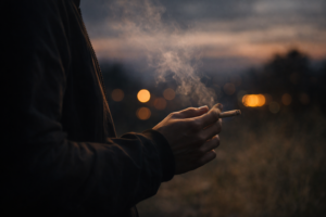 Person holding cigarette at sunset representing search for herbal cigarettes for lungs and a gentler smoking ritual