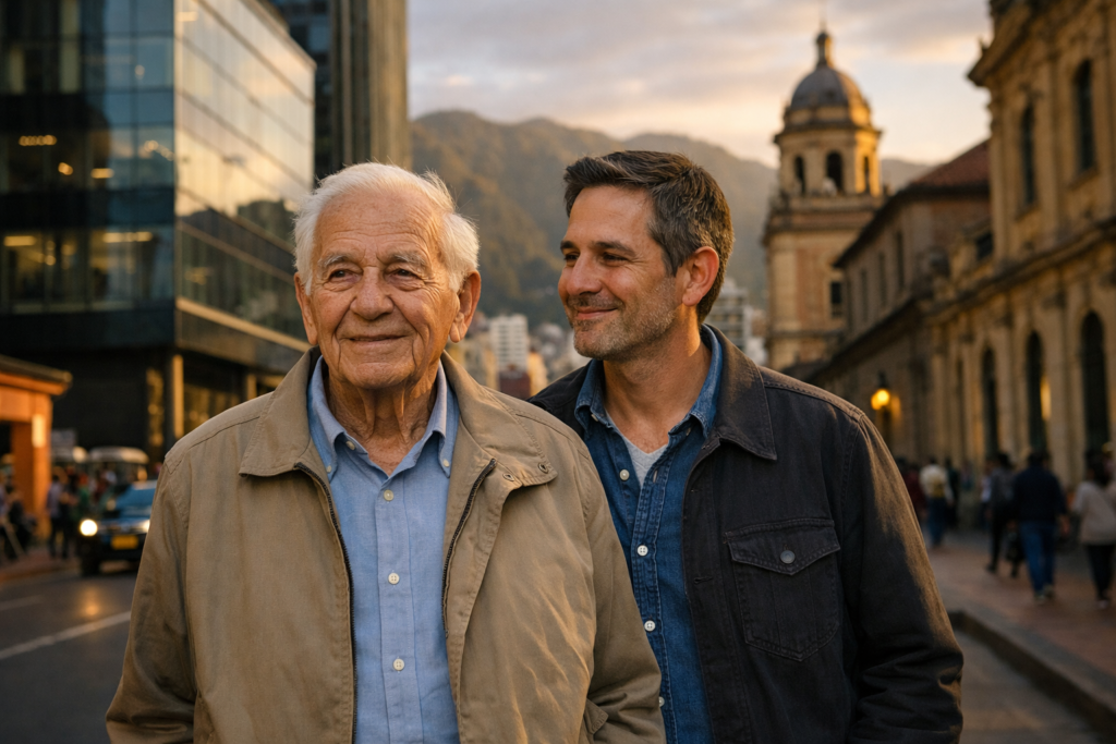 Elderly father in his 80s walking confidently with his adult child on a Bogotá city street, modern glass buildings and historic architecture behind them, mountains faintly visible in warm golden-hour light.