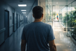 A middle-aged man walking alone through a modern hospital corridor, symbolizing frustration and uncertainty within the US healthcare system.