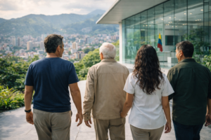 Patients walking together outside a modern medical facility in Medellín, Colombia, representing recovery, mobility, and medical tourism.