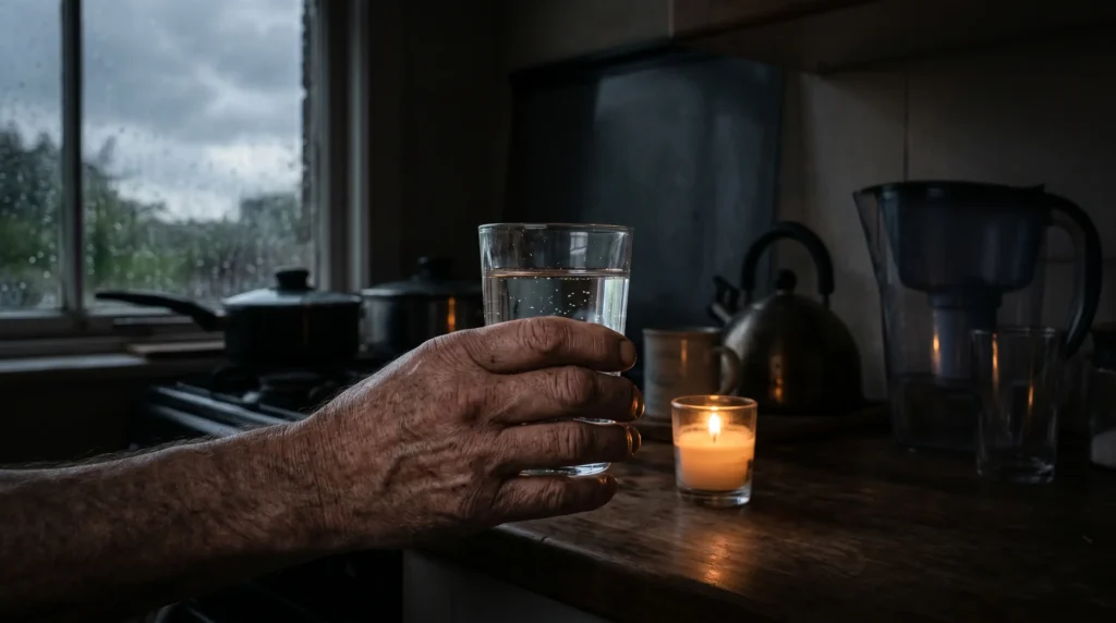 Person holding a glass of purified water during a power outage emergency
