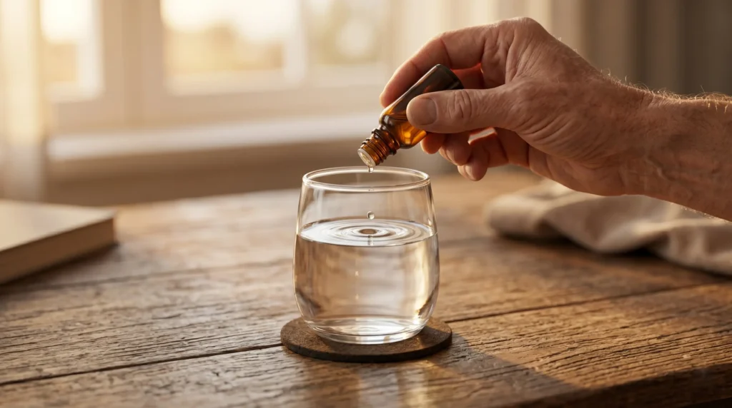 Adding chlorine dioxide drops to a glass of water for emergency purification