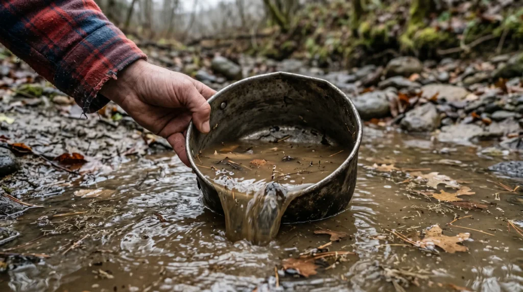 Collecting contaminated creek water into a metal pot during an emergency