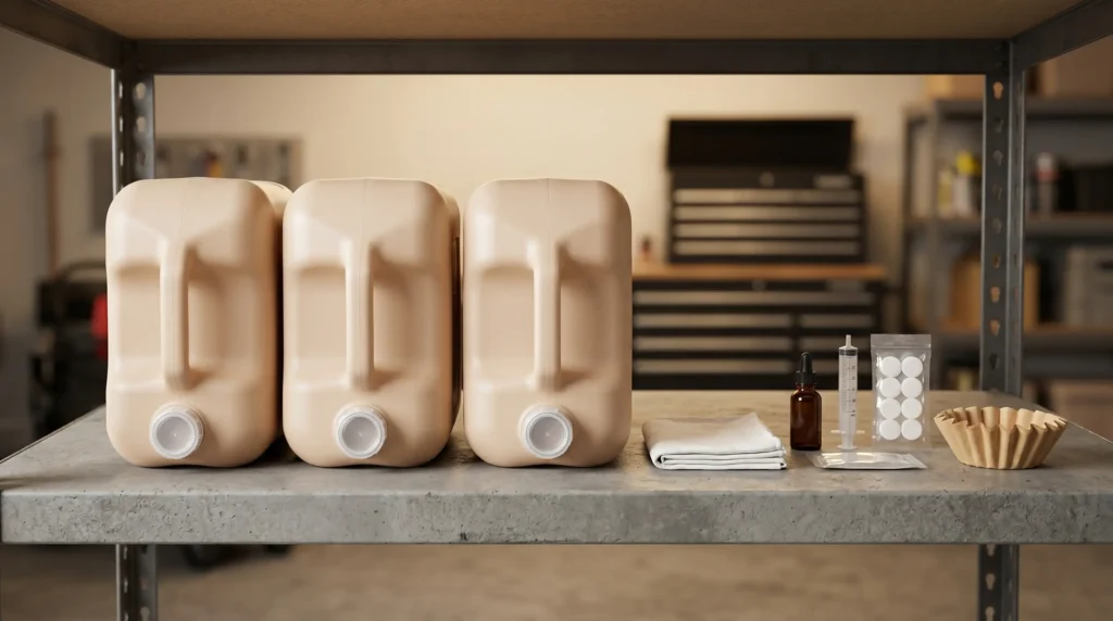 Organized emergency water preparedness kit with storage containers, filters, and chlorine dioxide drops