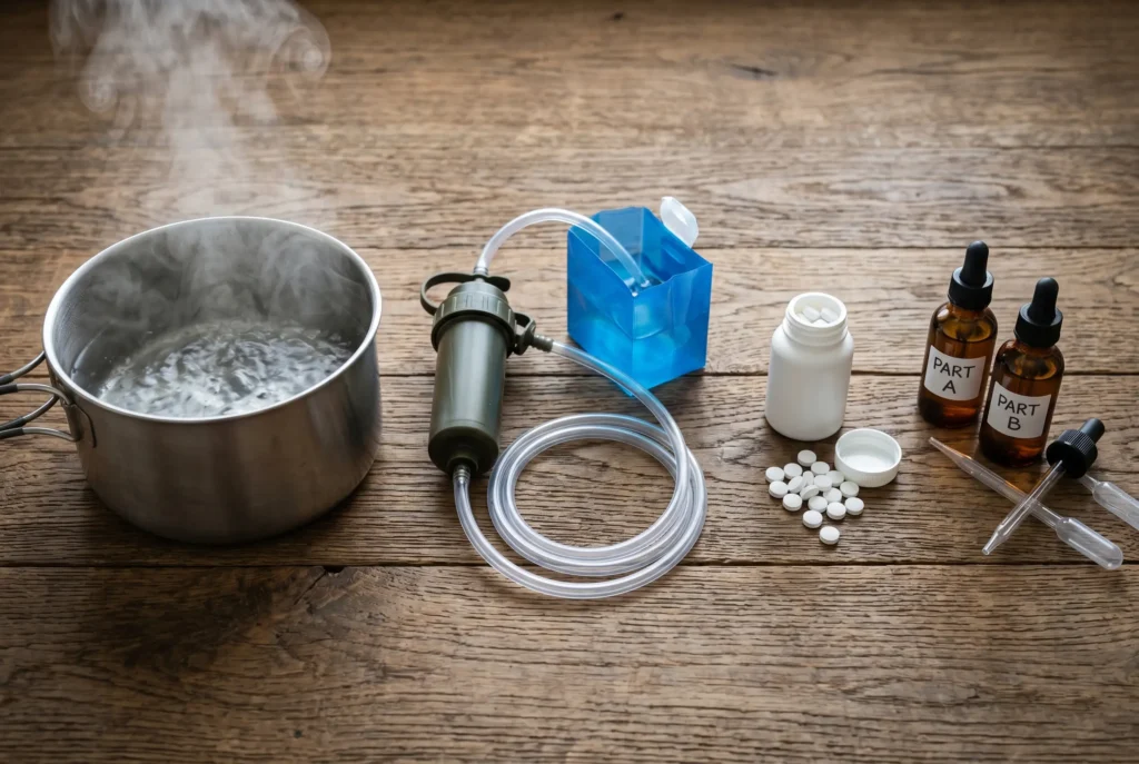 Four emergency water purification methods compared side by side: boiling, filtration, tablets, and chlorine dioxide
