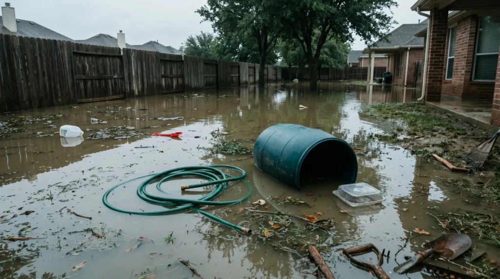 Flooded backyard with contaminated water showing debris and runoff after a disaster