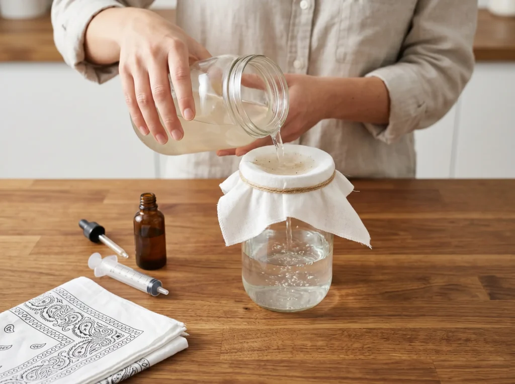 Step by step emergency water purification process showing pre-filtering and chemical treatment